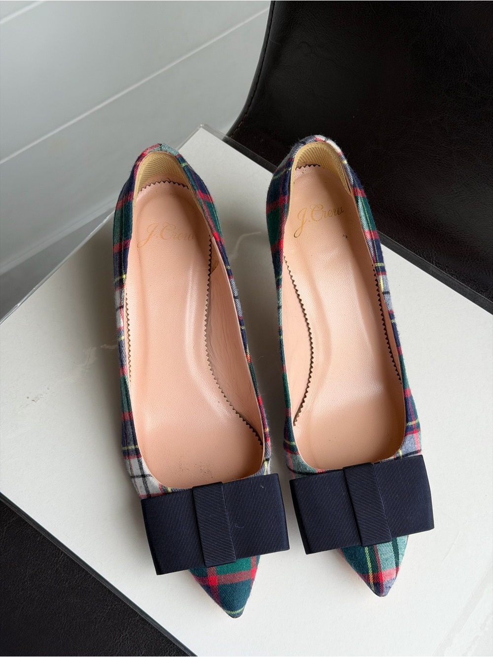 J. Crew Tartan Pointed-Toe Flats with Navy Grosgrain Bow